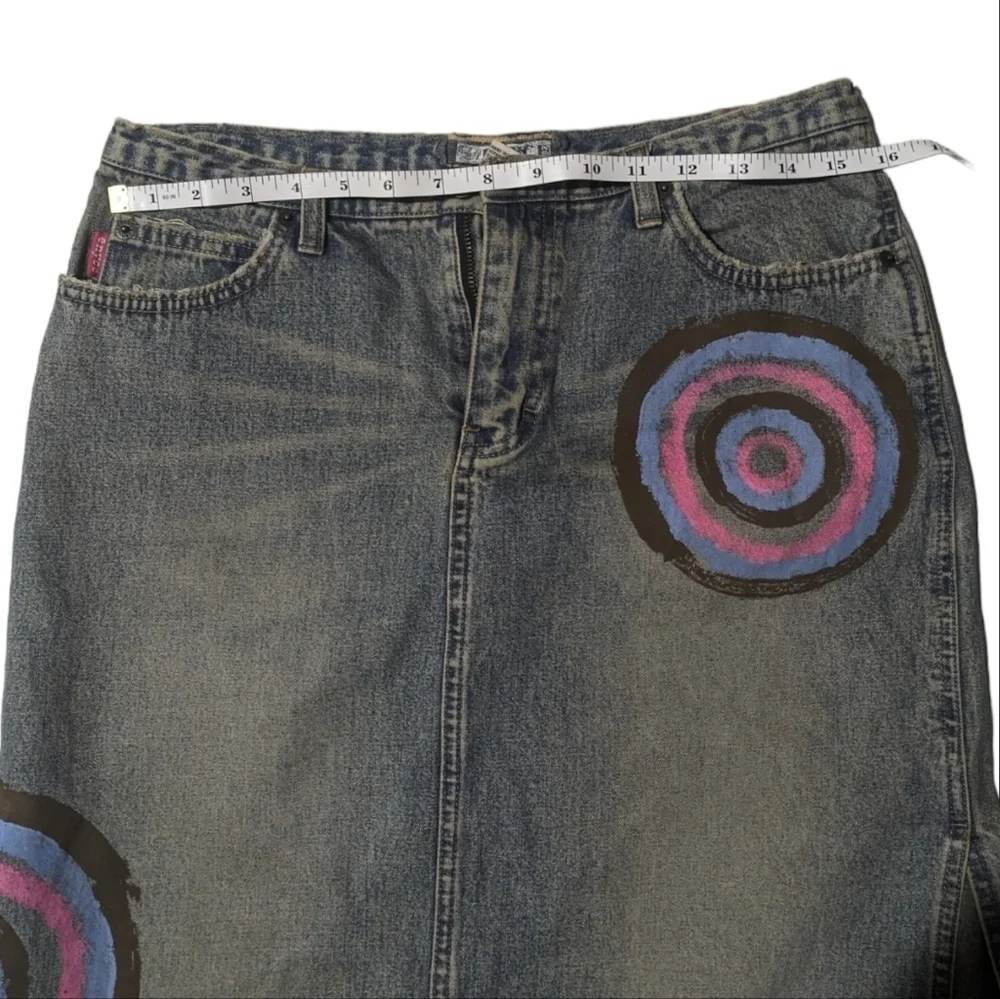 Vintage 90s Lady Enyce Denim Midi Skirt Y2K Painted Graphic Streetwear Size 8